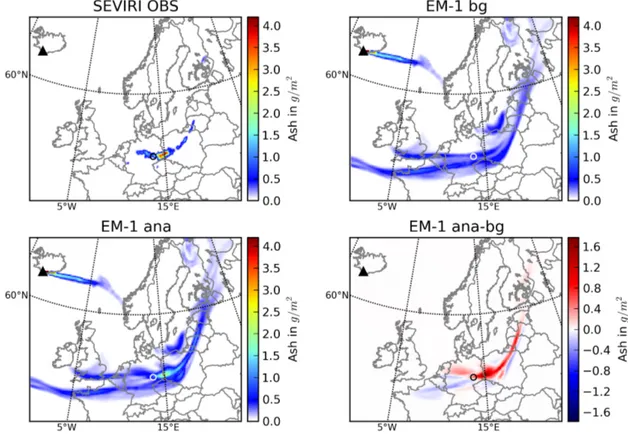 Figure 7.7: Horizontal volcanic ash distribution above Europe on 16 April at 13 UTC, as retrieved from SEVIRI observations (upper left), EM-1 background field (upper right), EM-1 analysis field applying 4D-var assimilation of SEVIRI data (lower left), and 