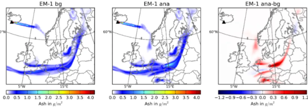 Figure 7.15: Horizontal volcanic ash distribution above Europe on 16 April at 13 UTC: