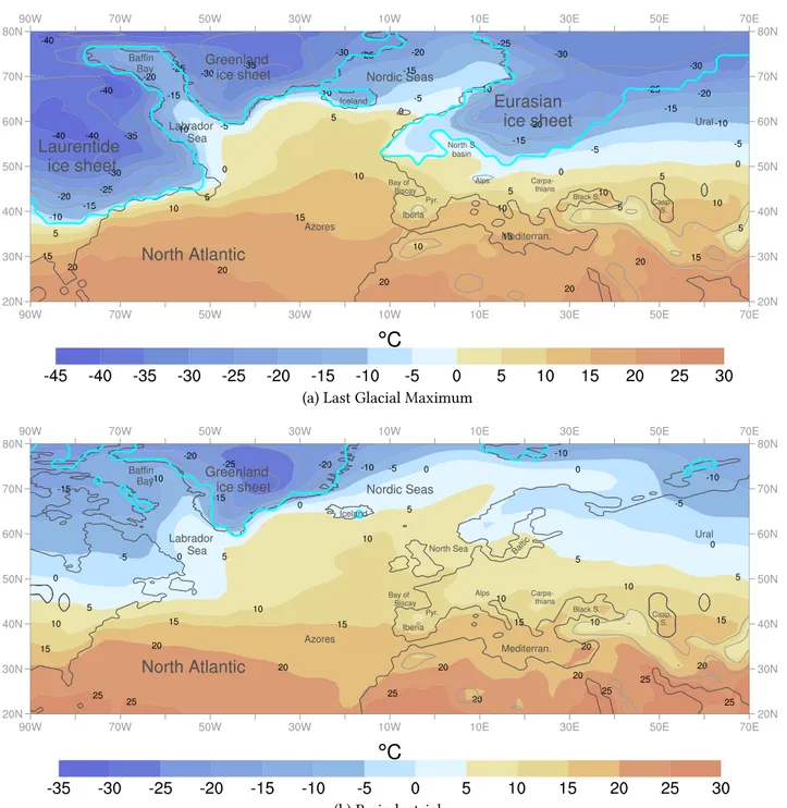 Figure 8: Near-surface air temperature climatologies. Based on simulations for the (a) Last Glacial Maxi- Maxi-mum (MPI-LGM) and (b) recent climate (MPI-PI)