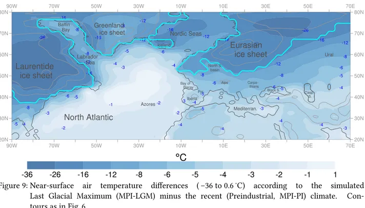 Figure 9: Near-surface air temperature differences ( –36 to 0.6 ∘ C) according to the simulated Last Glacial Maximum (MPI-LGM) minus the recent (Preindustrial, MPI-PI) climate