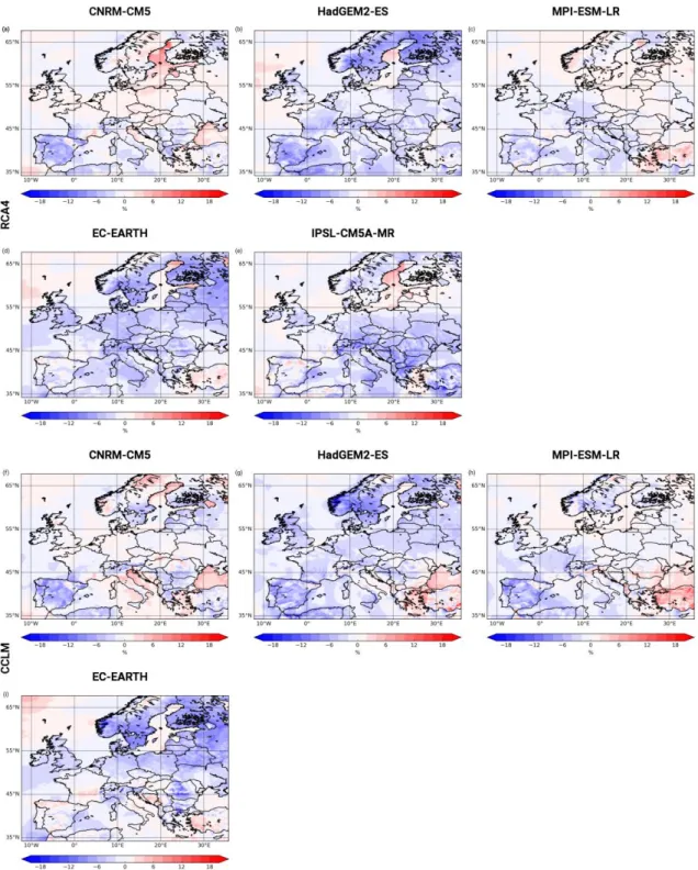 Figure S4: Changes of mean annual Eout in % for RCP4.5 (2071-2100) minus historical (1971-2000) for (a)  CNRM-CM5, (b) HadGEM2-ES, (c) MPI-ESM-LR, (d) EC-EARTH, and (e) IPSL-CM5A-MR driven  RCA4