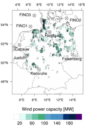 Figure 4.2: Spatial distribution of onshore wind power capacity over Germany, as of 2014, and location of measurement towers