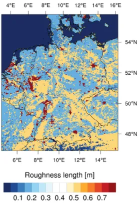Figure 4.7: Roughness length over Germany according to the WRF model, based on the MODIS land cover type data set.