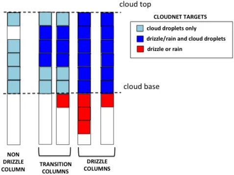 Figure 3 . 5 : Schematic representation of target categorization vertical profiles classified as driz- driz-zling, non-drizzling and transition vertical atmospheric columns.