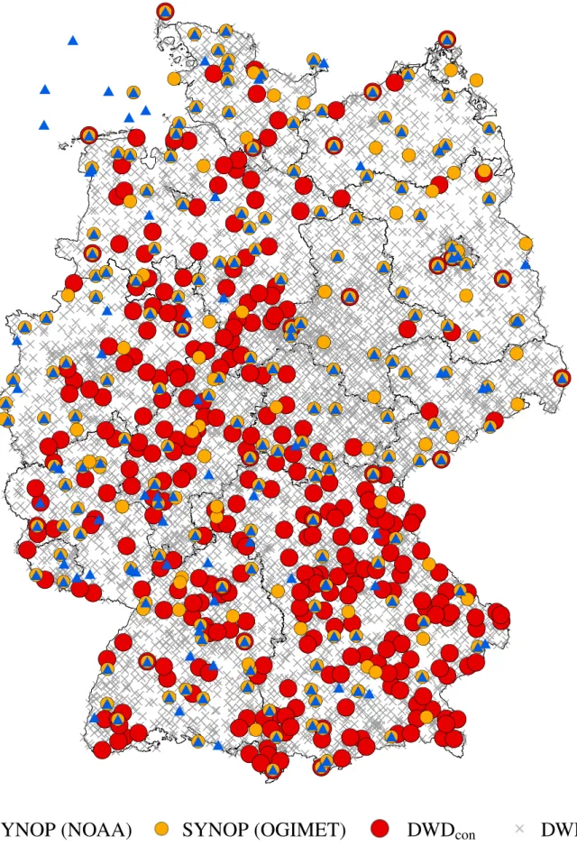 Figure 2.1.: Spatial distribution of the used stations throughout Germany. Sym- Sym-bols show the rain gauges of dataset DWD all (gray crosses), of dataset DWD con (red circles) as well as the synoptic stations provided by OGIMET (orange circles) and NOAA 