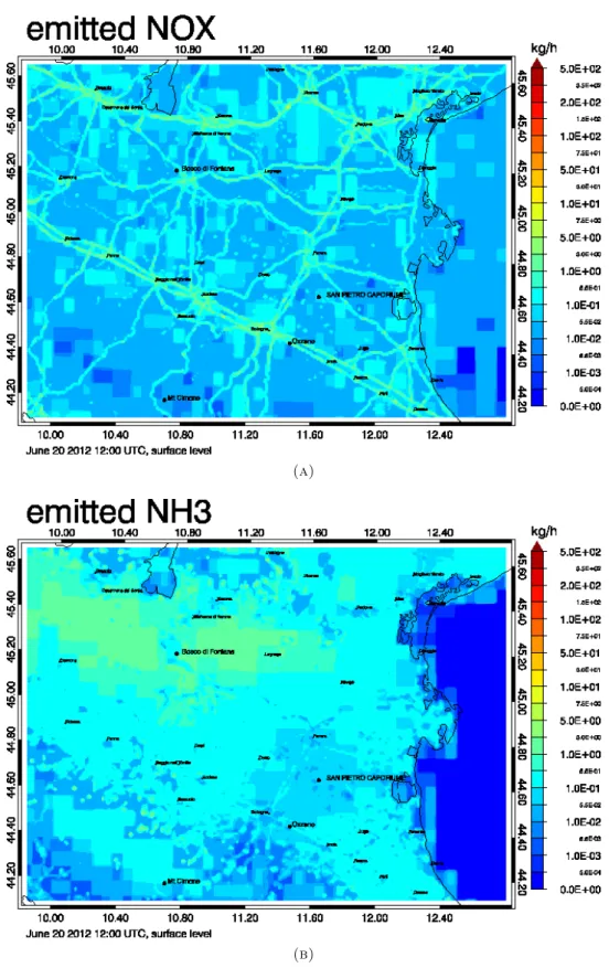 Figure 3.2: Predicted emissions of NOx (A) and NH 3 (B), for the Po-Valley area.