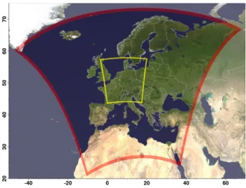 Figure 3.1: Domain of COSMO-REA6 (red) and COSMO-REA2 (yellow).