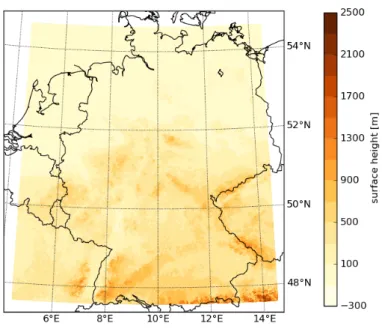 Figure 3.2: Domain of ICON with a resolution of 156 m and its surface height AMSL.