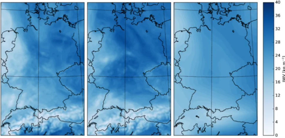 Figure 5.3: Maps of IWV from COSMO-REA6 (left), COSMO-DS (middle), and ERA-Interim (right) for 1 August 2011 00:00 UTC.