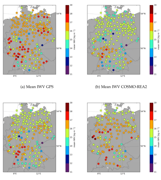 Figure 5.4: Mean IWV for instantaneous values of GPS COSMO-REA2, COSMO-REA6, and ERA-Interim at 183 (COSMO reanalyses) or 133 (ERA-Interim) GPS stations for 2007 - 2013.