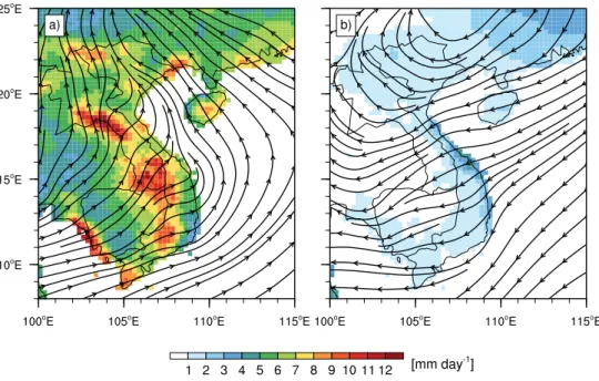 Figure 2: Mean daily rainfall (contours) and mean daily 10-meter wind (streamlines) for (a) the rainy seasons (i.e., May to October) and (b) the dry seasons (i.e., November to April) in the period 1979–2007.