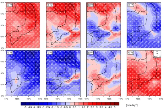 Figure S2. Anomalies of surface to 500-hPa vertically integrated moisture flux (vectors), and  anomalies of vertically integrated moisture flux divergence (colors) per phase of the  Madden-Julian  Oscillation  (P1–P8)  during  May–October