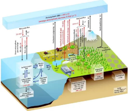 Figure 1.1: The carbon cycle between the 3 natural reservoirs, land, ocean and atmosphere.