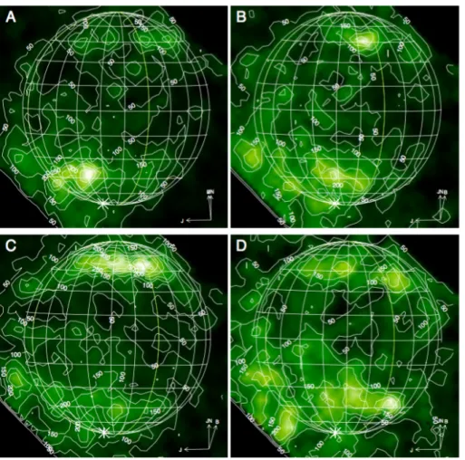 Figure 14 – HST/STIS images of Ganymede’s oxygen emission at OI λ1356 Å (trai- (trai-ling side only) from Feldman et al