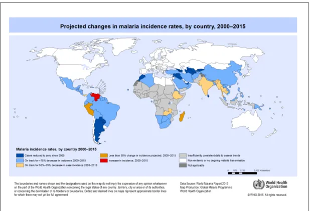 Figure 2.2: Projected changes in malaria incidence rates by country, 2000–2015. Source: