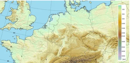 Figure 2.1: Orography of Germany and surrounding countries. The colour indicates the orography height (see legend)