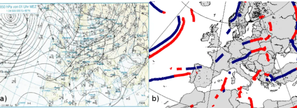 Figure 5.3: Fronts identified: (a) by Berliner Wetterkarte for 850hPa for 2 February 1995 and (b) by the objective front identification method