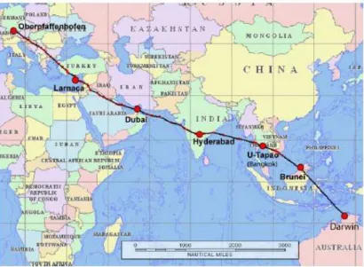 Figure 6.1: SCOUT-O3 Tropical Aircraft Campaign route. Forward transfer flights from Oberpfaffenhofen to Darwin