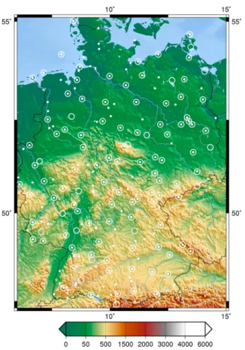 Figure 1. Orography of Germany and locations of test sites, with circles denoting gust measurements and points denoting wind measurements.