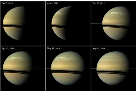 Figure 3.2: Evolution of the greatest storm observed on Saturn since 1990. The Feb. 25 and Aug