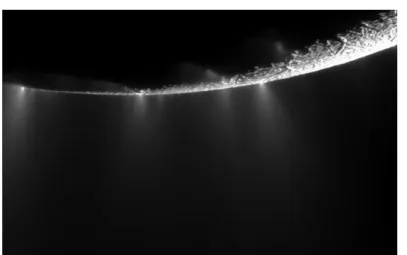 Figure 3.3: Plumes at Enceladus’ south pole emitting water group neutrals captured by Cassini’s narrow angle camera on Nov 21, 2009 [NASA/JPL/Space Science Institute]