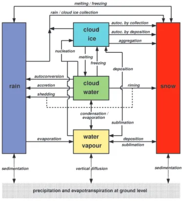 Figure 3.2: Microphysical processes of cloud and precipitation generation in the two-category ice scheme of DWD (from Schulz and Schättler, 2011)