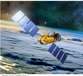 Figure 1.10: Artistic view of the satellite CoRoT in polar orbit around Earth (CNES, D.Ducros).