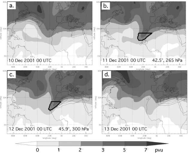 Figure 3.5: VAPV (shaded) and isotachs at 200 hPa (thin black contours every 10 m/s starting with 50 m/s) for (a) 00 UTC 10 December, (b) 00 UTC 11 December, (c) 00 UTC 12 December and (d) 00 UTC 13 December 2001
