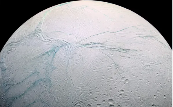Figure 3.1: Cassini mosaic of Enceladus’ south polar region. ”Tiger stripes” light blue in lower right corner.
