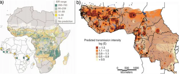 Fig. 2.9: (a) Satellite-derived predictions of the annual EIR in Africa (Rogers et al
