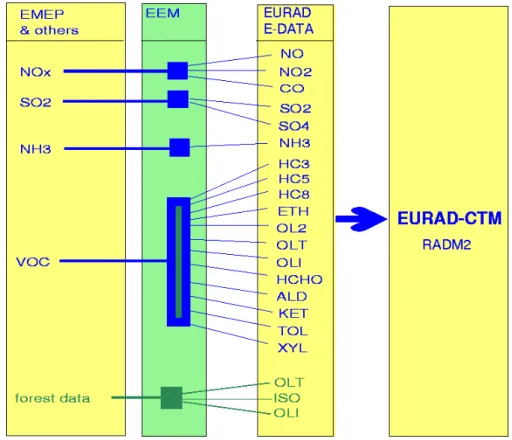 Abbildung 3.6: Schemadiagramm zur Aufbereitung der Emissionsdaten für den RADM2-Chemie- RADM2-Chemie-Mechanismus durch das EURAD-EEM (Quelle: Rheinisches Institut für Umweltforschung, RIU)  Für die europäische Skala bis zu einer Maschenweite von ca