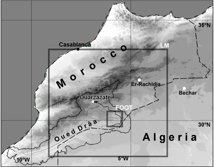 Abbildung 3.3: Topographie Marokko. In doppelt umrandeten Rahmen sind die Simulationsgebiete des LM  (0,0625° Auflösung) und des FOOT3DK dargestellt