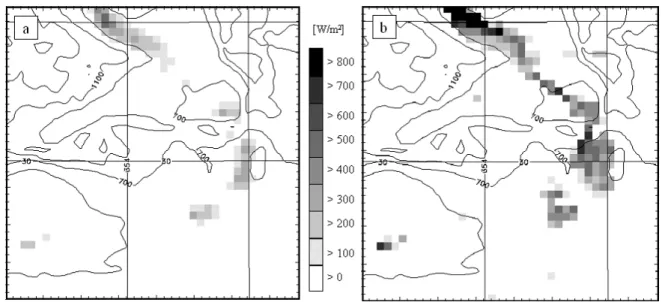 Abbildung 4.5: in a: Transpiration, in b: Verdunstung vom Boden [W/m 2 ] für Simulation mit ‚Grundwasser’ 