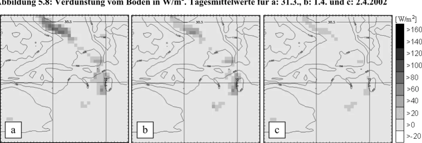 Abbildung 5.9: a: Reevaporation von Regenwasser auf Pflanzenoberflächen in W/m 2  für den 31.3.2002; b: 