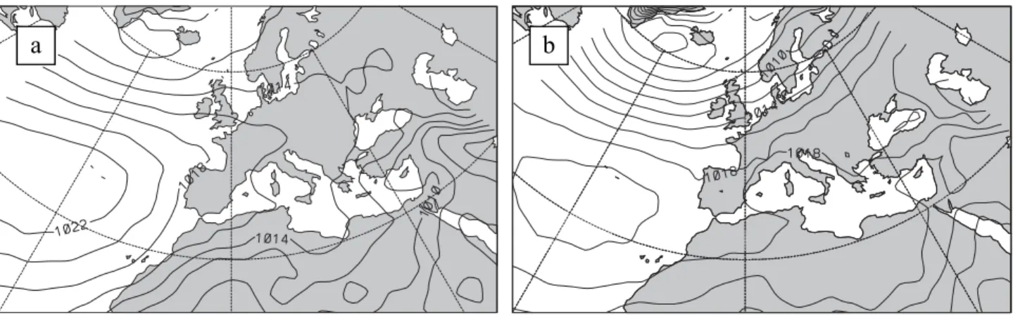 Abbildung 5.1: mittlere Bodendruckverteilungen für a: Sommer (Apr. bis Sept.) und b: Winter (Okt