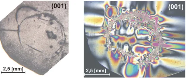 Abb. 3.11 a.): Bereiche des Kristalls CBN-27,9-2, aus denen die (001)- und  (hk0)-Schnitte für die synchrotrontopographische Untersuchung entnommen  wurden