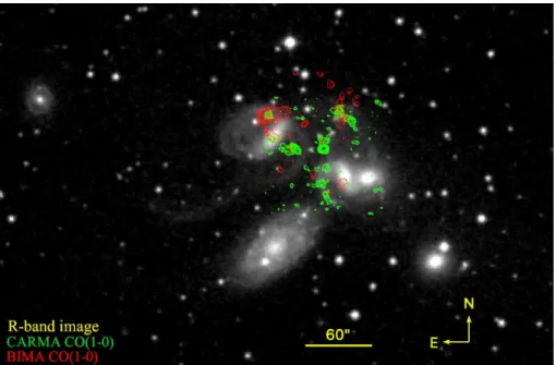 Figure 3.5: The green contours show the CARMA CO(1 æ 0), while the red contours trace the BIMA CO(1 æ 0) integrated intensity (as presented in Gao &amp; Xu (2000)), overlaid on a R-band image of Stephan’s Quintet.