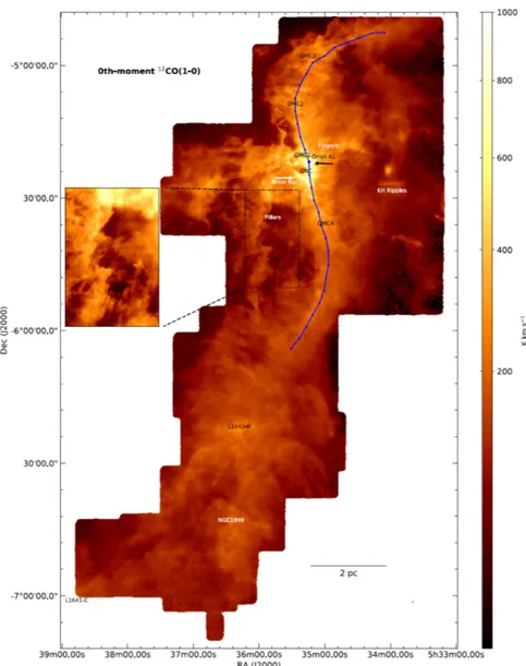 Figure 1.6: Orion molecular cloud in the integrated 12 CO (1–0) intensity (over the veloc- veloc-ity range of 2.5 - 15 km s −1 ), as presented by Kong et al