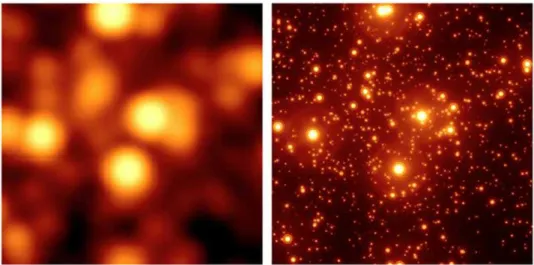 Fig. 2: Left: observation without adaptive optics, Right: observation with adaptive optics, [Image credit to GMT (2018), &#34;Giant Magellan Telescope&#34;]