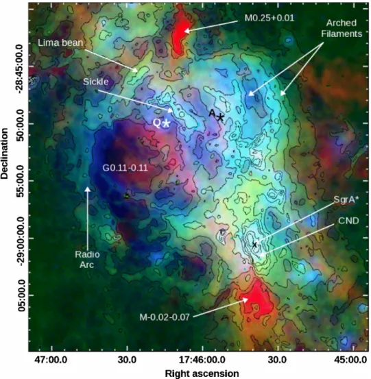 Fig. 1.10: Galactic center in far-infrared domain in different wavelength: 21.3 µm (blue), 70 µm (green) and 350 µm (red)