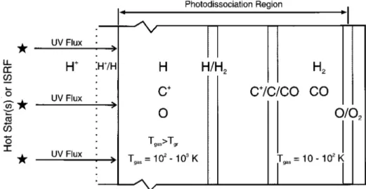 Figure 1.6: Schematic representation of a photon-dominated region presenting the different element layers (H + /H/H 2 , C + /C/CO and O/O 2 )