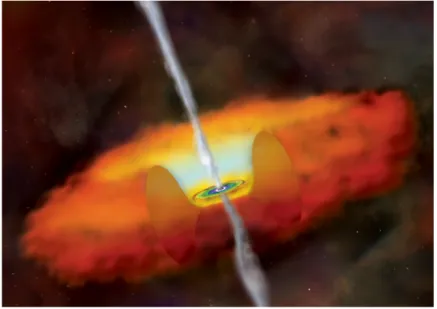 Figure 2.1: Artist view of a black hole surrounded by an accretion disk of hot gas and torus of cooler gas and dust