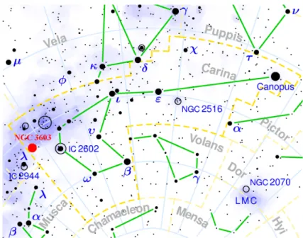 Figure 1.2: The position of NGC 3603 (filled red circle) in the Carina con- con-stellation on the southern hemisphere
