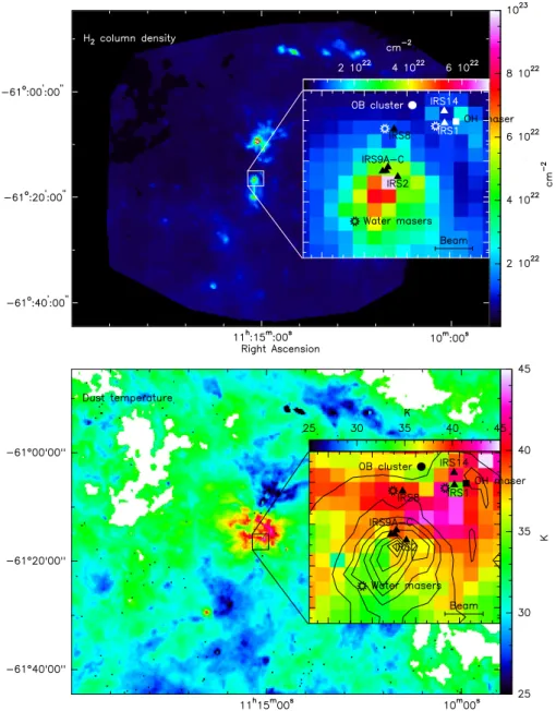Figure 5.4: Upper panel: H 2 column density map created from public data (see text). The area which is investigated in this thesis is presented in the magnified plot