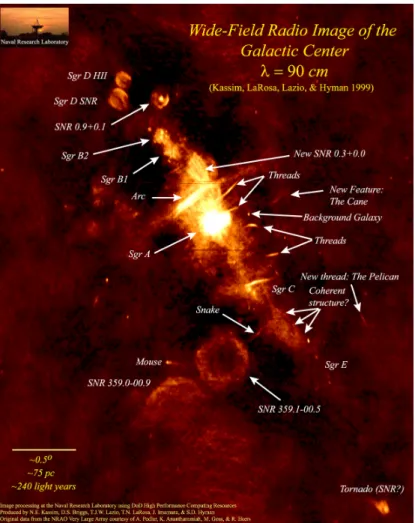 Figure 1.3: A radio (90 cm) image of the GC region spanning a distance of 1000 light-years ( ∼ 300 pc).