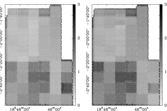 Fig. 3.4: Noise level maps in T mb with scale in [K]. Left: 13 CO (2–1) map. Right: