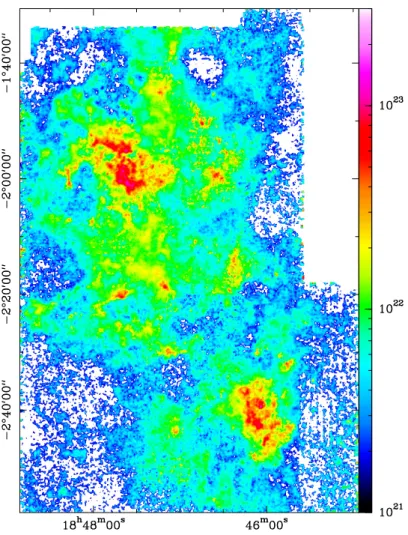 Fig. 5.4: Map of the H 2 column density of the complete W43 complex in [cm −2 ], de- de-rived from the IRAM 30m 13 CO and C 18 O maps