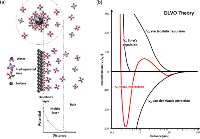 Figure 2-8: Schematics of the surface potential and the impact of different forces on the molecules in the electrolyte, with (a)  a sketch of the electronic double layer of nanoparticles (top) and plane substrates (middle), and the resulting potential (ada