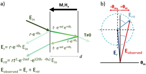 Figure 4.13: a) Interference of front and back reflected electric fields with rotated polarization planes in a magnetic material