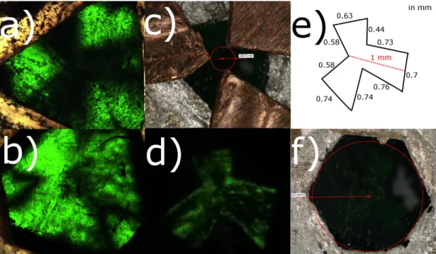 Figure 6.5: Pictures of Ni 3 TeO 6 sample from a Leitz Ortholux-Pol microscope (a,b), a modified Leitz microscope (c,d,f), and a Keyence VHX 6000 microscope (e,h)
